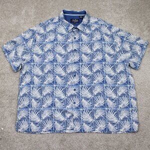 Nat Nast Shirt Mens 2XL XXL Blue/White Floral Silk/Cotton Short Sleeve Button Up